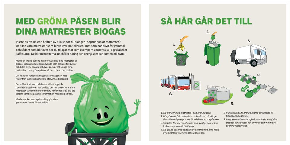 De här matresterna innehåller näring och energi som kan komma till nytta. 1. 3. Med den gröna påsens hjälp omvandlas dina matrester till biogas.