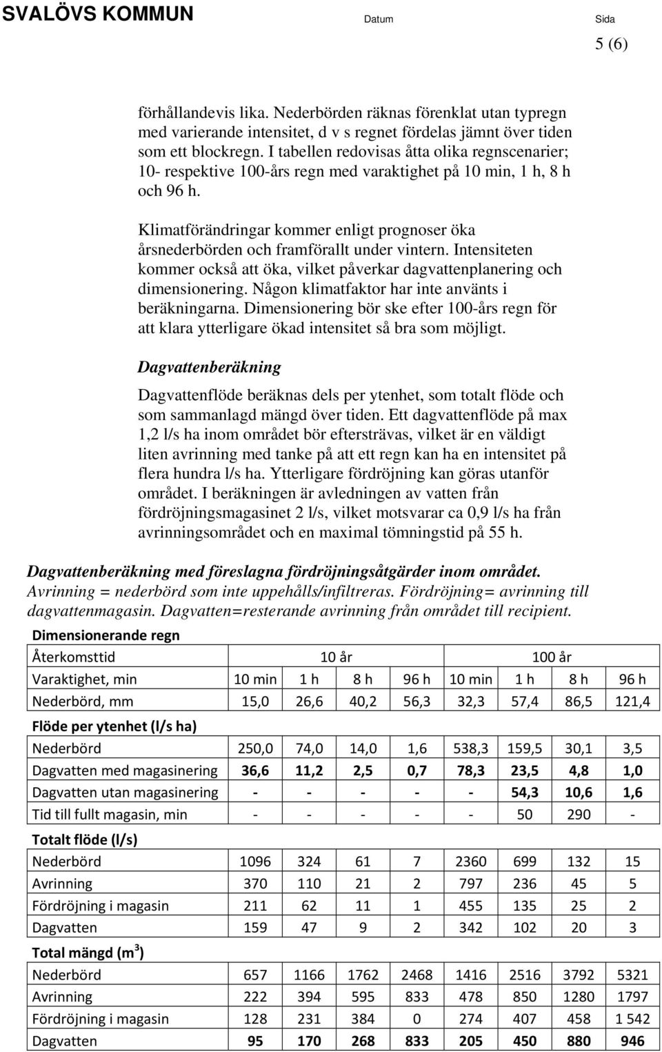 Klimatförändringar kommer enligt prognoser öka årsnederbörden och framförallt under vintern. Intensiteten kommer också att öka, vilket påverkar dagvattenplanering och dimensionering.