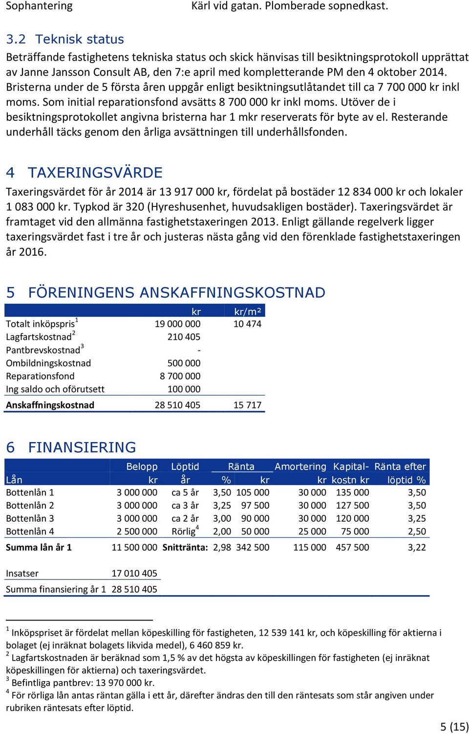 Bristerna under de 5 första åren uppgår enligt besiktningsutlåtandet till ca 7 700 000 kr inkl moms. Som initial reparationsfond avsätts 8 700 000 kr inkl moms.