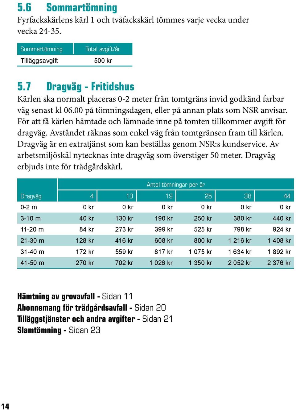 För att få kärlen hämtade och lämnade inne på tomten tillkommer avgift för dragväg. Avståndet räknas som enkel väg från tomtgränsen fram till kärlen.