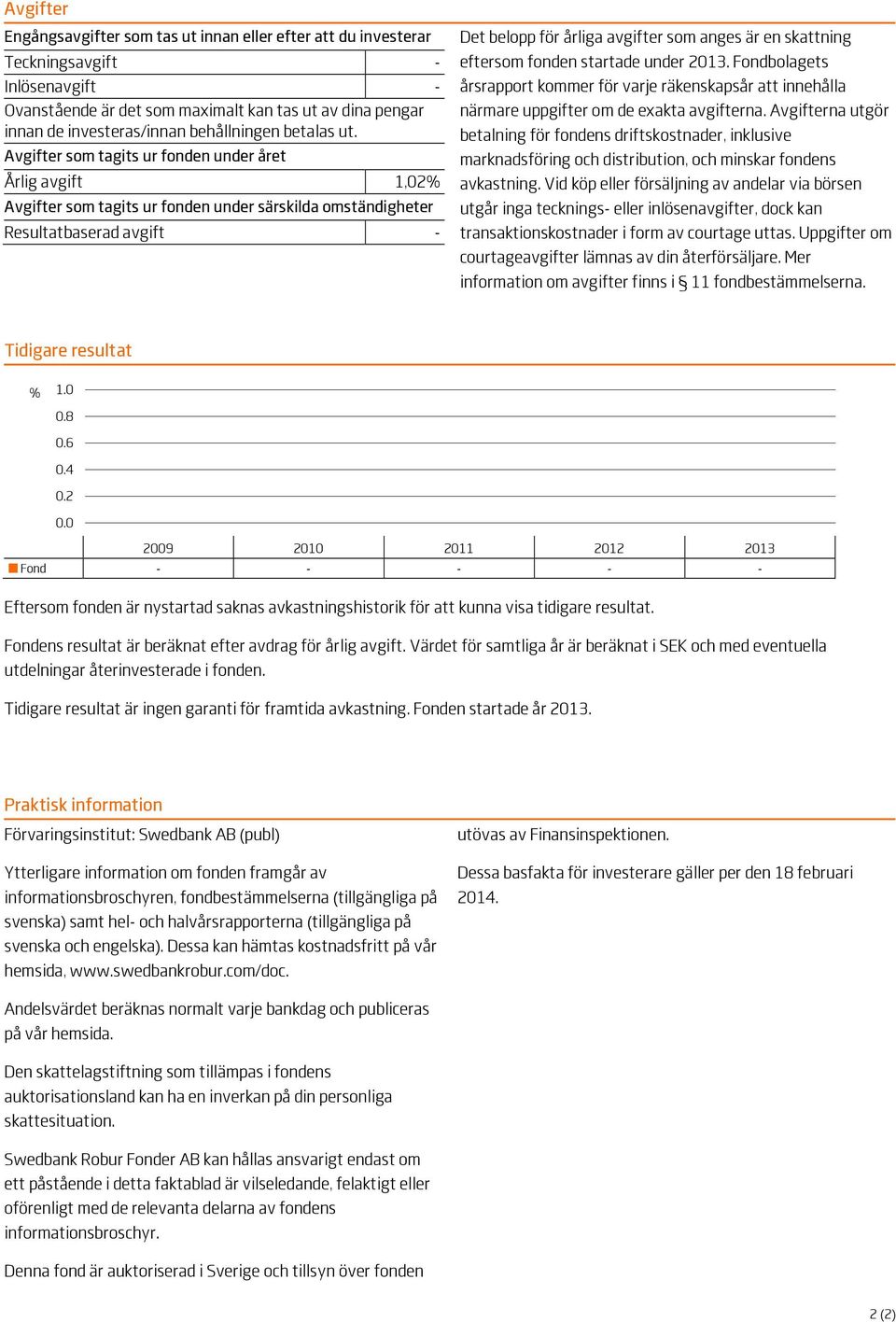 Avgifter som tagits ur fonden under året Årlig avgift 1,02% Avgifter som tagits ur fonden under särskilda omständigheter Resultatbaserad avgift - Det belopp för årliga avgifter som anges är en