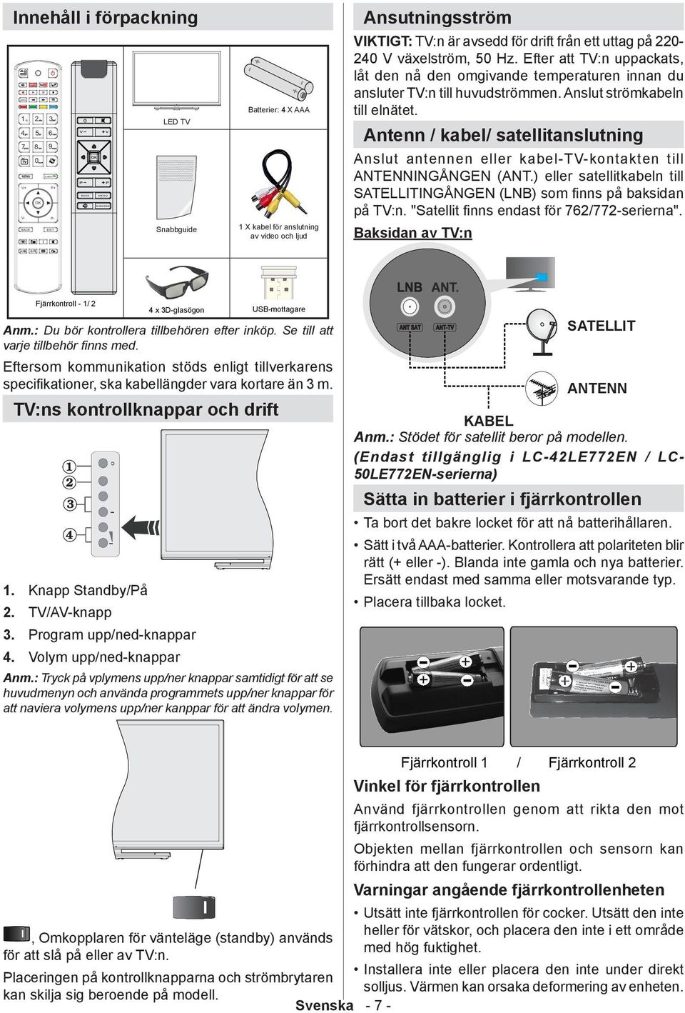 på 220-240 V växelström, 50 Hz. Efter att TV:n uppackats, låt den nå den omgivande temperaturen innan du ansluter TV:n till huvudströmmen. Anslut strömkabeln till elnätet.