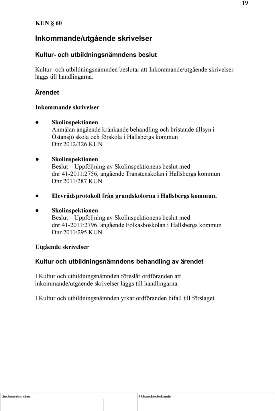 Skolinspektionen Beslut Uppföljning av Skolinspektionens beslut med dnr 41-2011:2756, angående Transtenskolan i Hallsbergs kommun Dnr 2011/287 KUN.