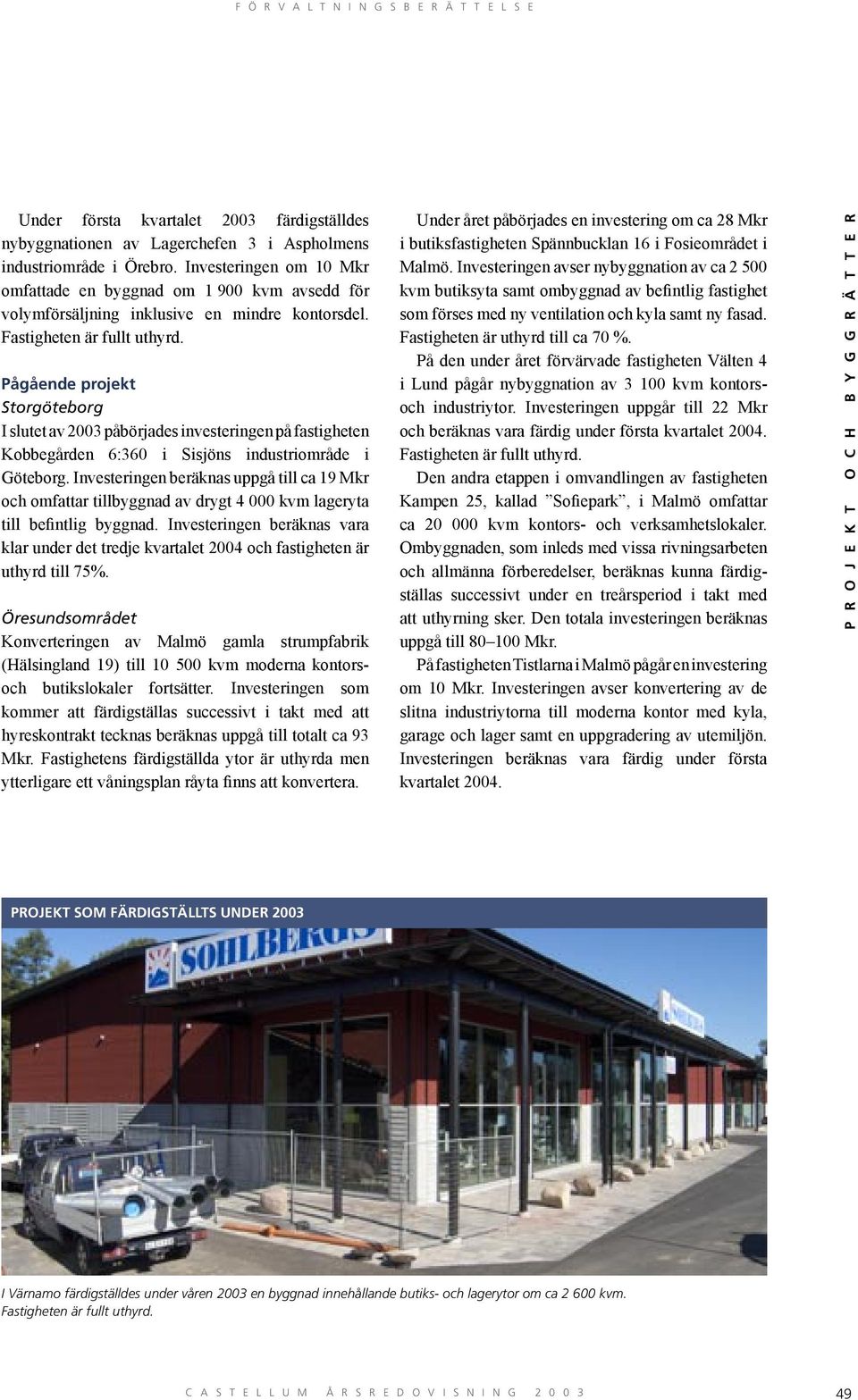 Pågående projekt I slutet av 2003 påbörjades investeringen på fastigheten Kobbegården 6:360 i Sisjöns industriområde i Göteborg.