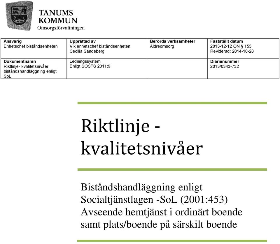 biståndshandläggning enligt SoL Ledningssystem Enligt SOSFS 2011:9 Diarienummer 2013/0343-732 Riktlinje - kvalitetsnivåer