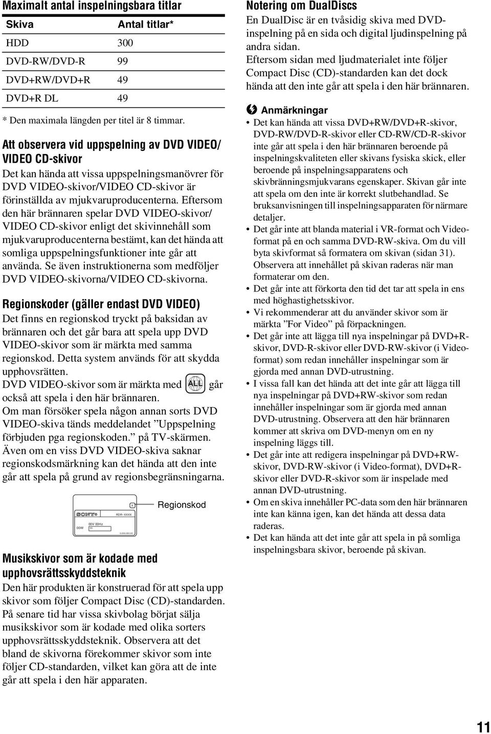 Eftersom den här brännaren spelar DVD VIDEO-skivor/ VIDEO CD-skivor enligt det skivinnehåll som mjukvaruproducenterna bestämt, kan det hända att somliga uppspelningsfunktioner inte går att använda.