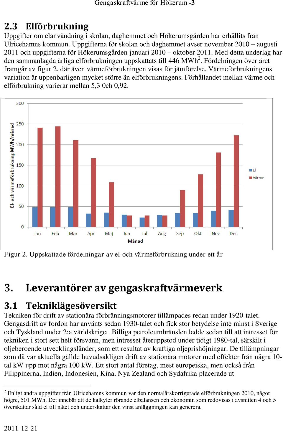 Med detta underlag har den sammanlagda årliga elförbrukningen uppskattats till 446 MWh 2. Fördelningen över året framgår av figur 2, där även värmeförbrukningen visas för jämförelse.