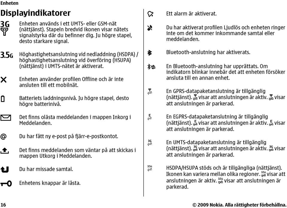Enheten använder profilen Offline och är inte ansluten till ett mobilnät. Batteriets laddningsnivå. Ju högre stapel, desto högre batterinivå.