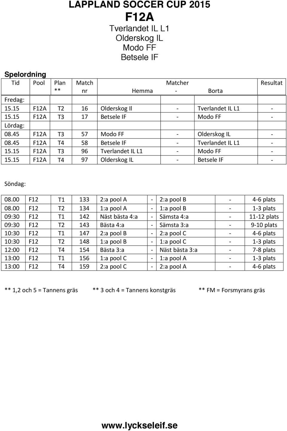 15 F12A T4 97 Olderskog IL - Betsele IF - Söndag: 08.00 F12 T1 133 2:a pool A - 2:a pool B - 4-6 plats 08.