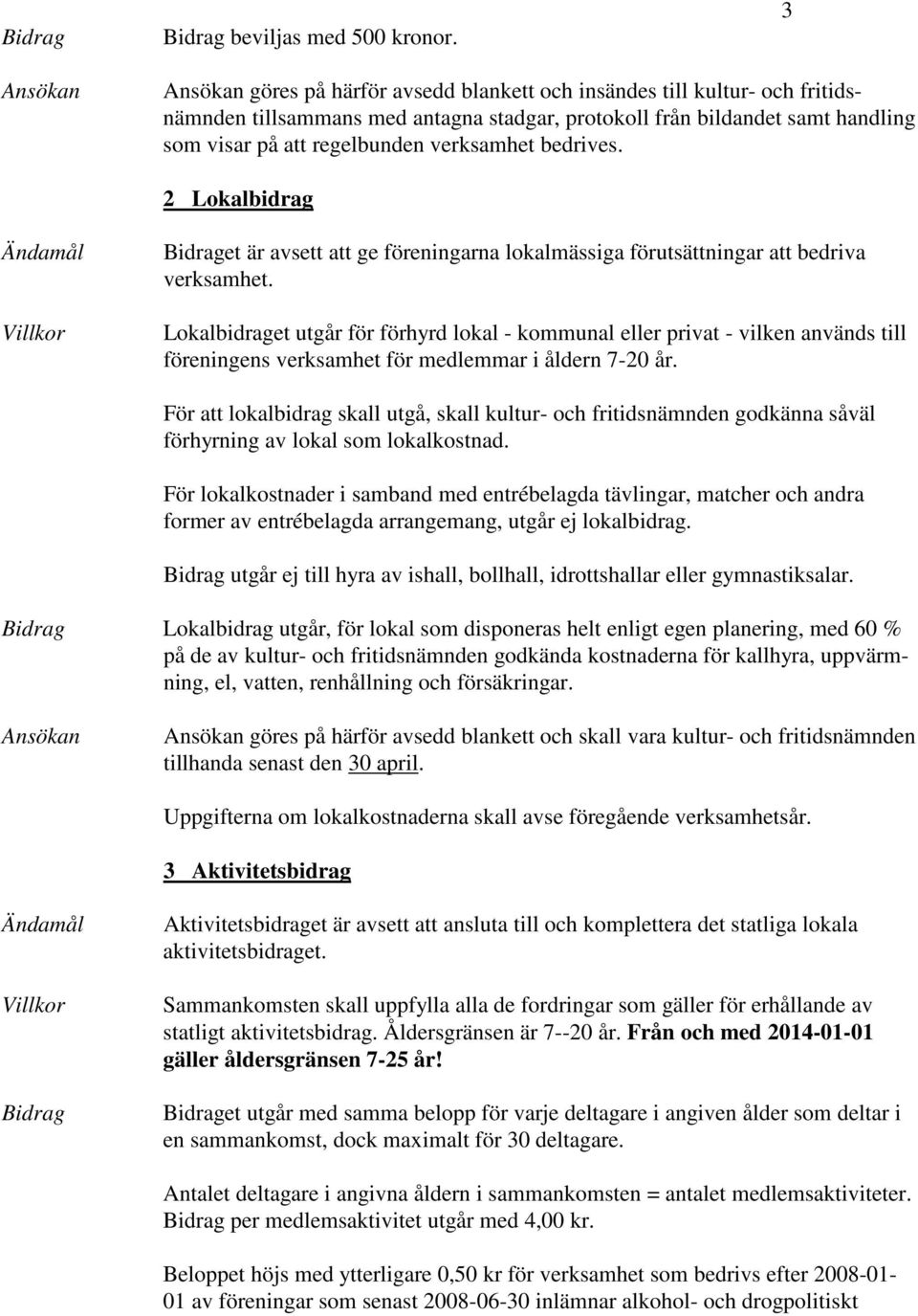 verksamhet bedrives. 2 Lokalbidrag Bidraget är avsett att ge föreningarna lokalmässiga förutsättningar att bedriva verksamhet.