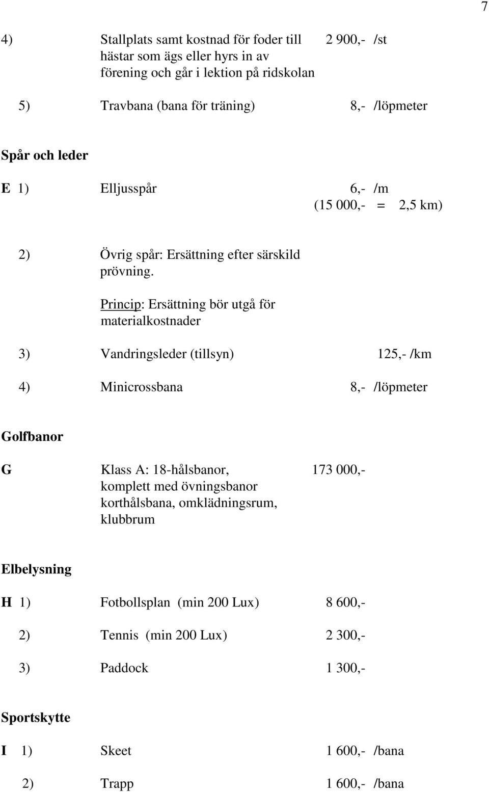 Princip: Ersättning bör utgå för materialkostnader 3) Vandringsleder (tillsyn) 125,- /km 4) Minicrossbana 8,- /löpmeter Golfbanor G Klass A: 18-hålsbanor, 173 000,-