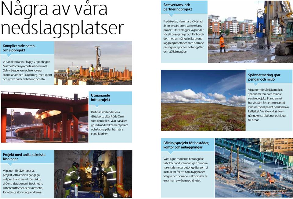 Vi har bland annat byggt Copenhagen Malmö Ports nya container terminal. Och vi bygger om och renoverar Skandia hamnen i Göteborg, med spont och grova pålar av betong och stål.