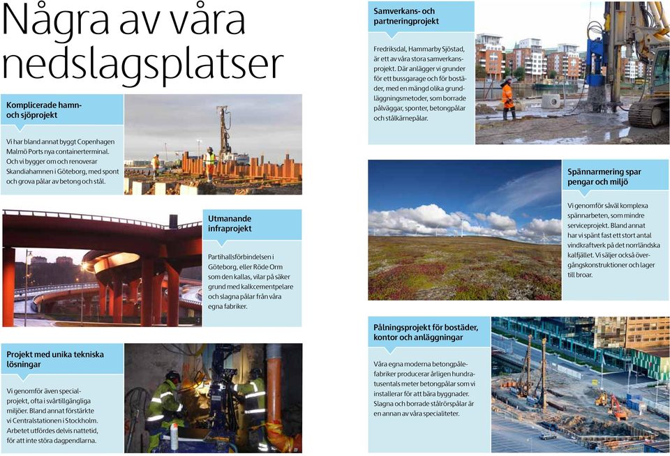 Vi har bland annat byggt Copenhagen Malmö Ports nya container terminal. Och vi bygger om och renoverar Skandia hamnen i Göteborg, med spont och grova pålar av betong och stål.