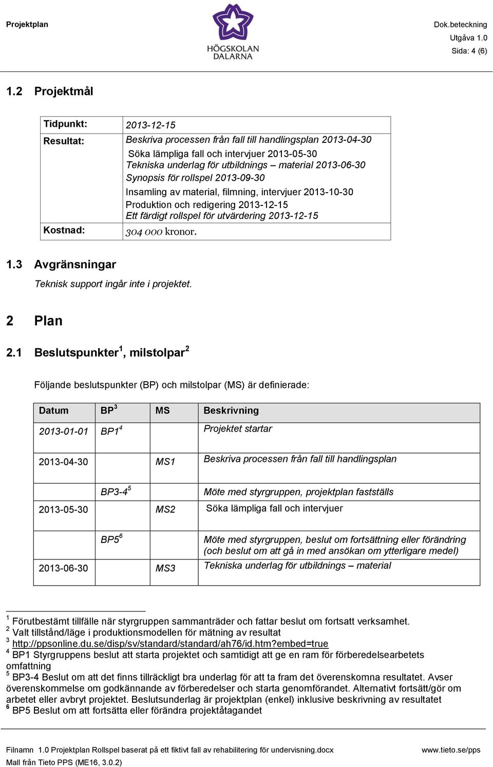 2013-06-30 Synopsis för rollspel 2013-09-30 Kostnad: Insamling av material, filmning, intervjuer 2013-10-30 Produktion och redigering 2013-12-15 Ett färdigt rollspel för utvärdering 2013-12-15 304