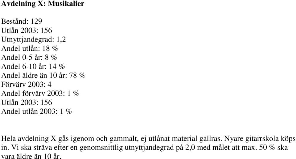 utlån 2003: 1 % Hela avdelning X gås igenom och gammalt, ej utlånat material gallras.