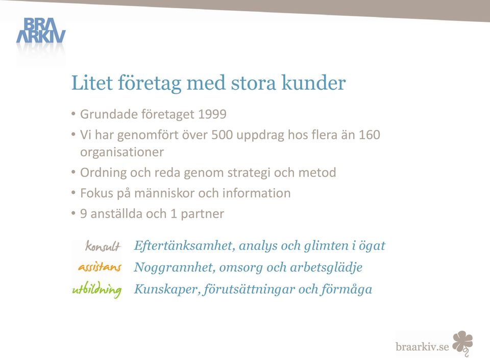 Fokus på människor och information 9 anställda och 1 partner Eftertänksamhet, analys