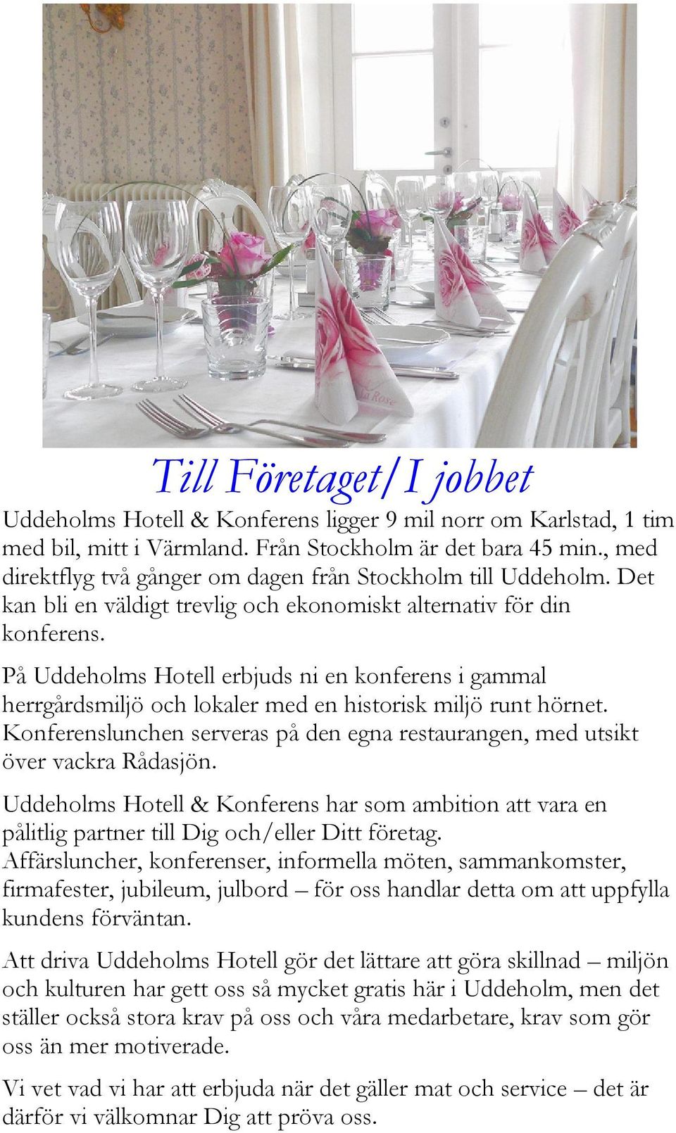 På Uddeholms Hotell erbjuds ni en konferens i gammal herrgårdsmiljö och lokaler med en historisk miljö runt hörnet. Konferenslunchen serveras på den egna restaurangen, med utsikt över vackra Rådasjön.