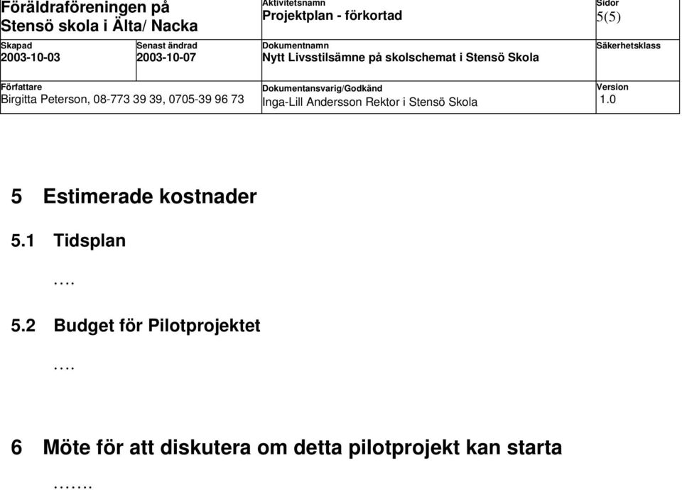 2 Budget för Pilotprojektet.