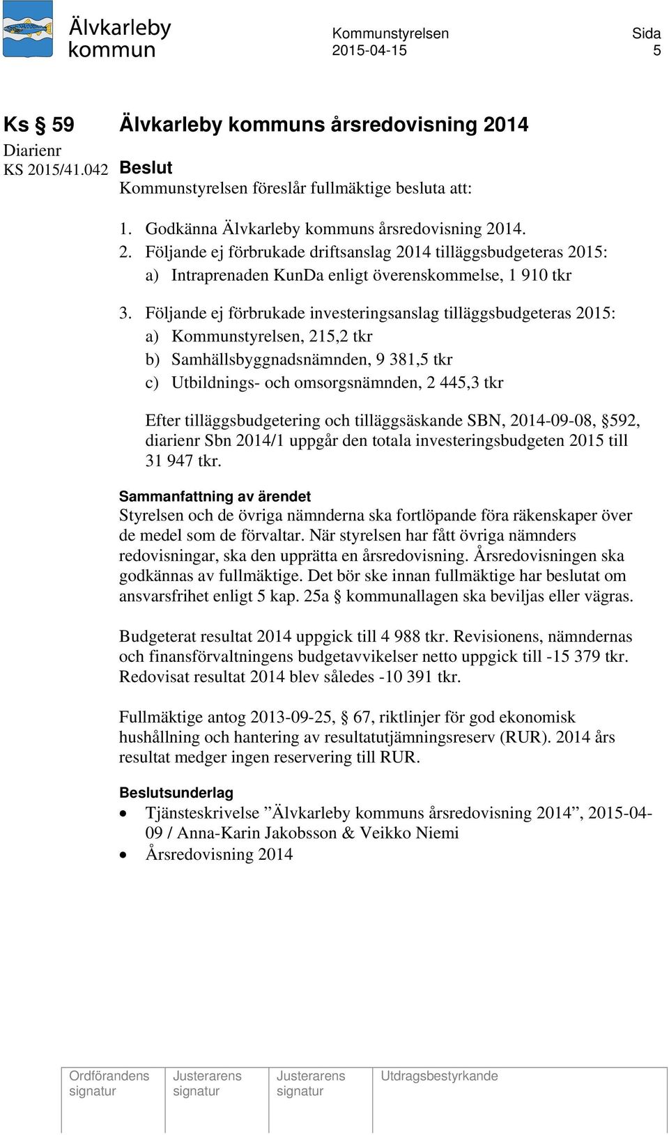 tilläggsbudgetering och tilläggsäskande SBN, 2014-09-08, 592, diarienr Sbn 2014/1 uppgår den totala investeringsbudgeten 2015 till 31 947 tkr.