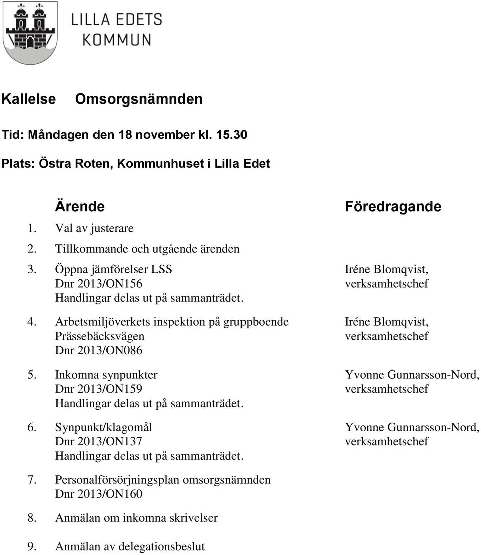 Arbetsmiljöverkets inspektion på gruppboende Prässebäcksvägen Dnr 2013/ON086 5. Inkomna synpunkter Dnr 2013/ON159 6.