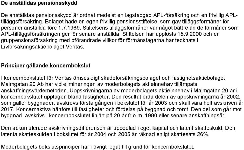 Stiftelsens tilläggsförmåner var något bättre än de förmåner som APL-tilläggsförsäkringen ger för senare anställda. Stiftelsen har upplösts 15.9.