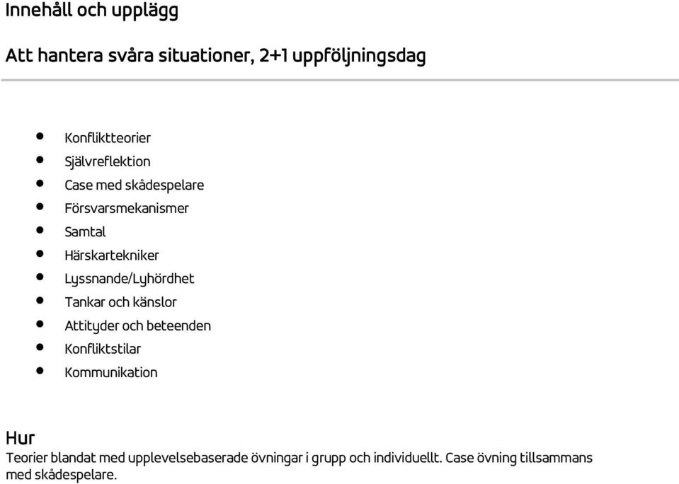 Lyssnande/Lyhördhet Tankar och känslor Attityder och beteenden Konfliktstilar Kommunikation