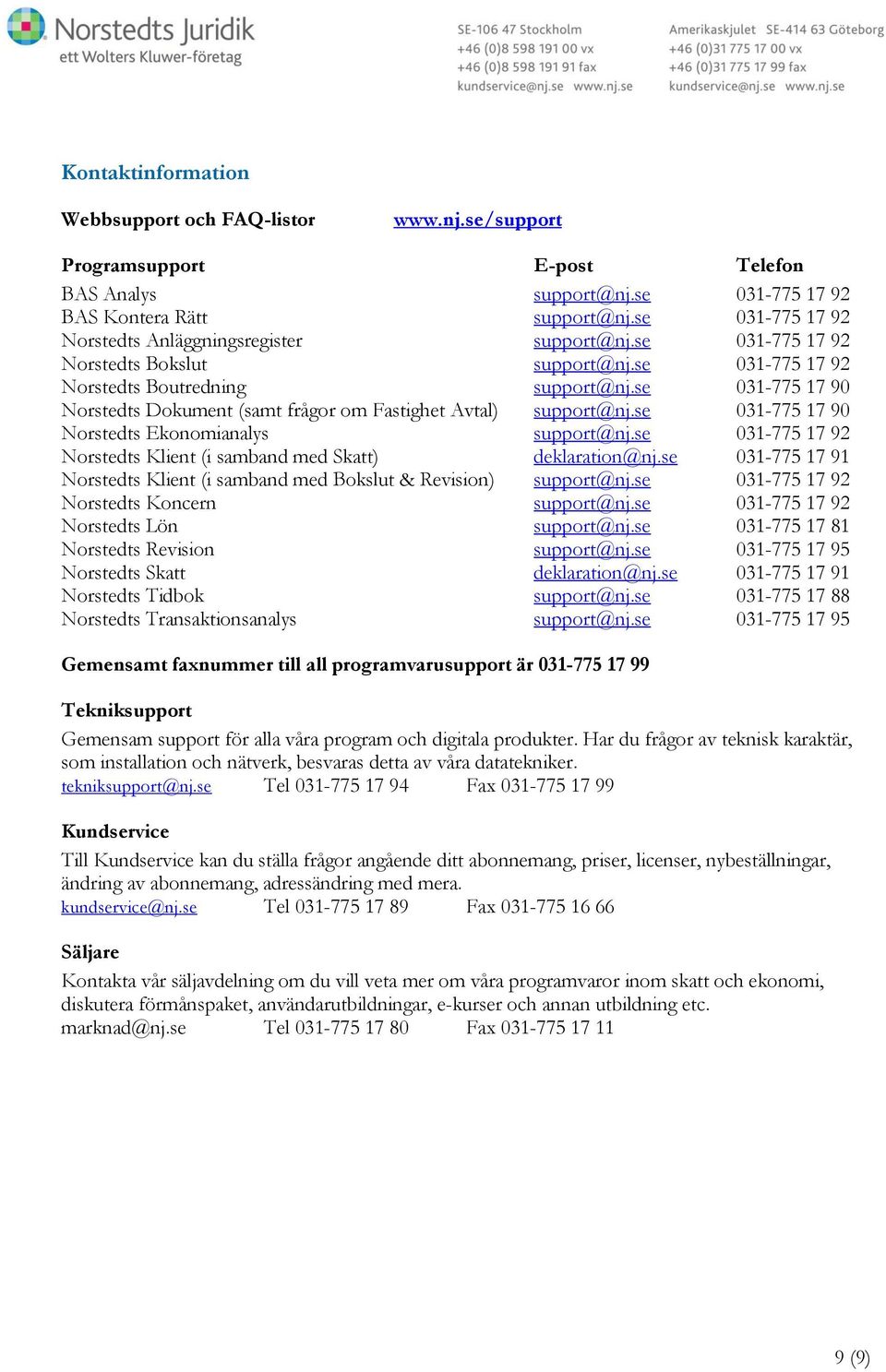 se 031-775 17 90 Norstedts Dokument (samt frågor om Fastighet Avtal) support@nj.se 031-775 17 90 Norstedts Ekonomianalys support@nj.