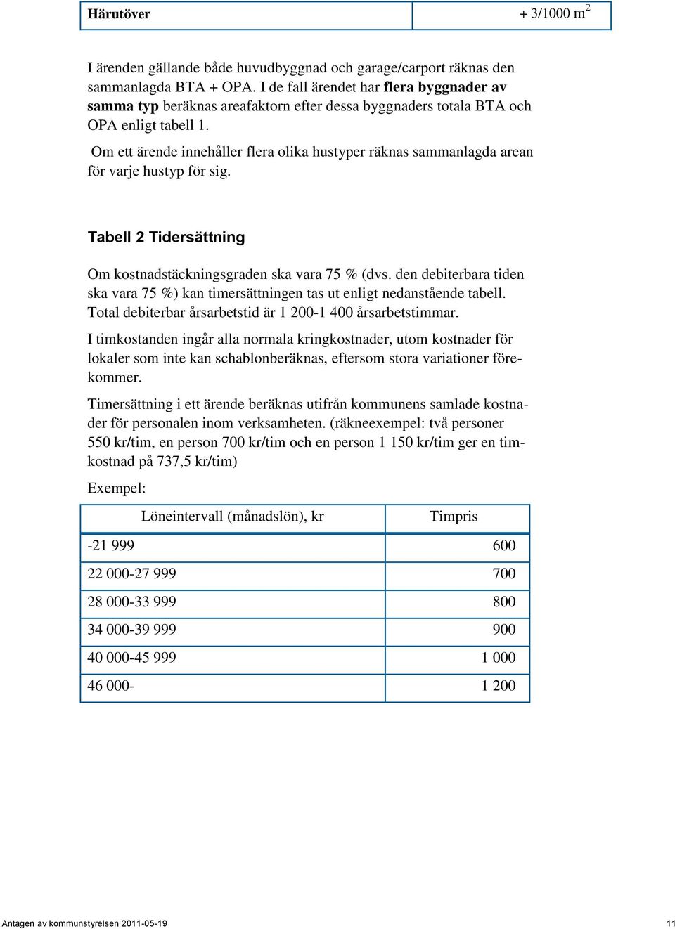 Om ett ärende innehåller flera olika hustyper räknas sammanlagda arean för varje hustyp för sig. Tabell 2 Tidersättning Om kostnadstäckningsgraden ska vara 75 % (dvs.