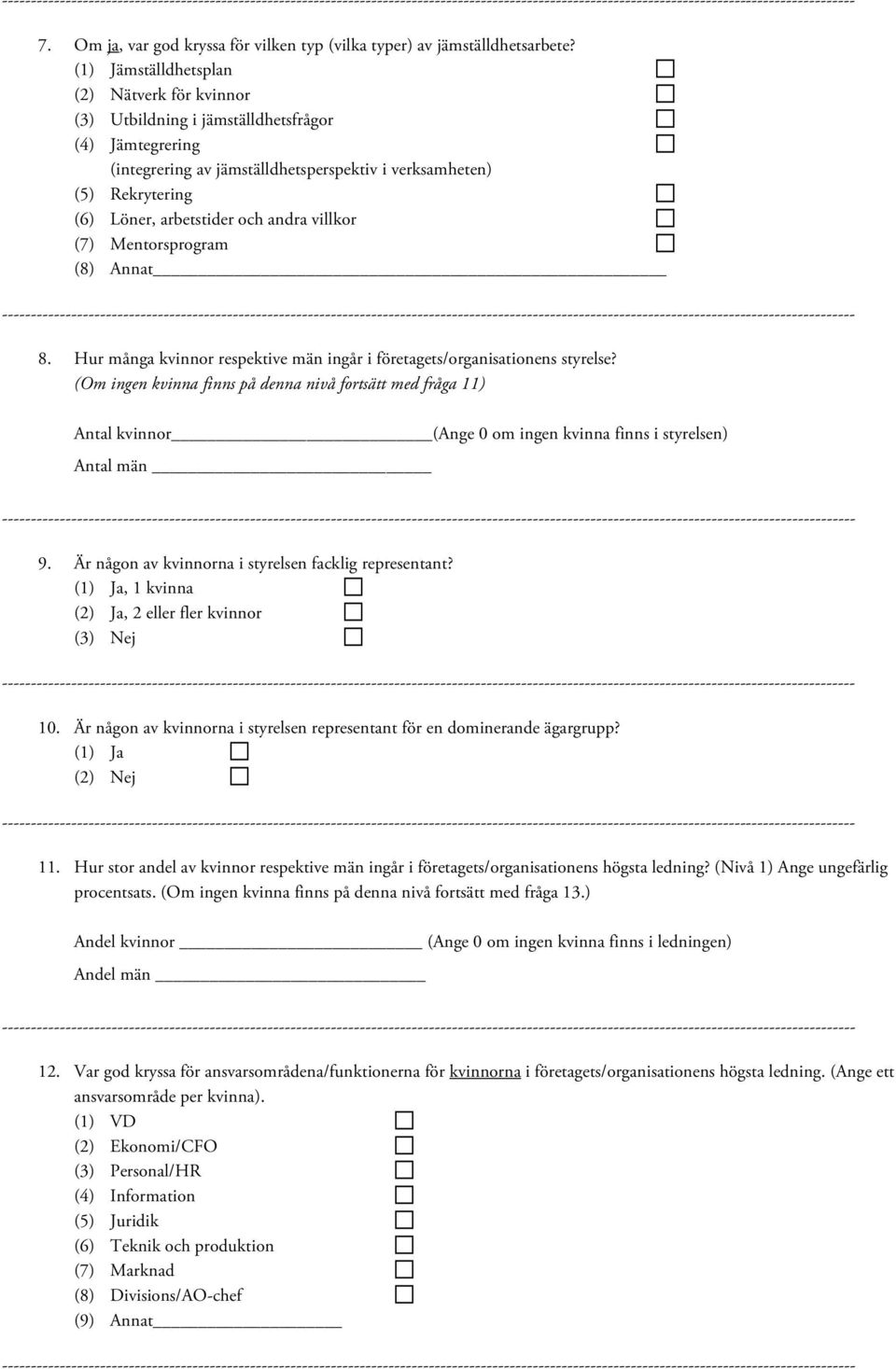 andra villkor (7) Mentorsprogram (8) Annat 8. Hur många kvinnor respektive män ingår i företagets/organisationens styrelse?