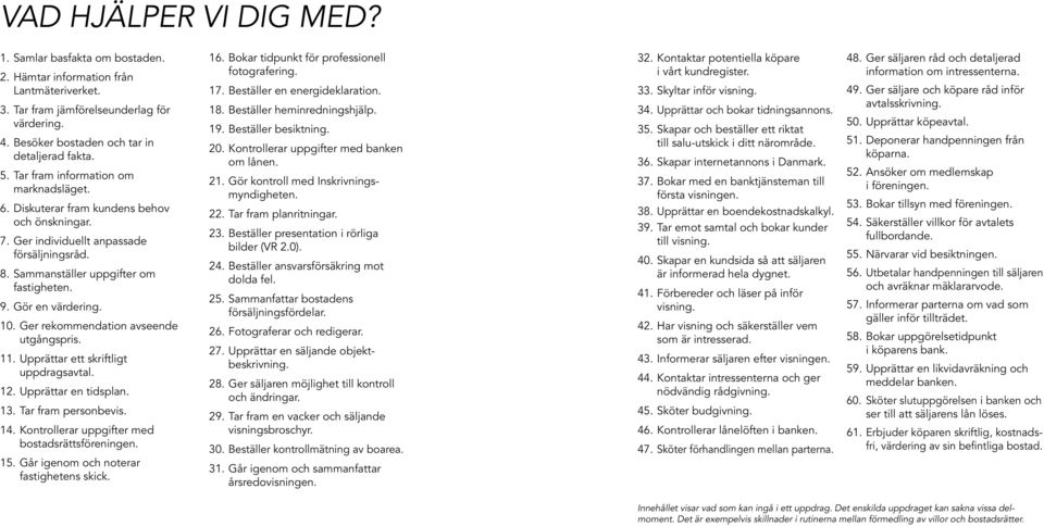 10. Ger rekommendation avseende utgångspris. 11. Upprättar ett skriftligt uppdragsavtal. 12. Upprättar en tidsplan. 13. Tar fram personbevis. 14. Kontrollerar uppgifter med bostadsrättsföreningen. 15.