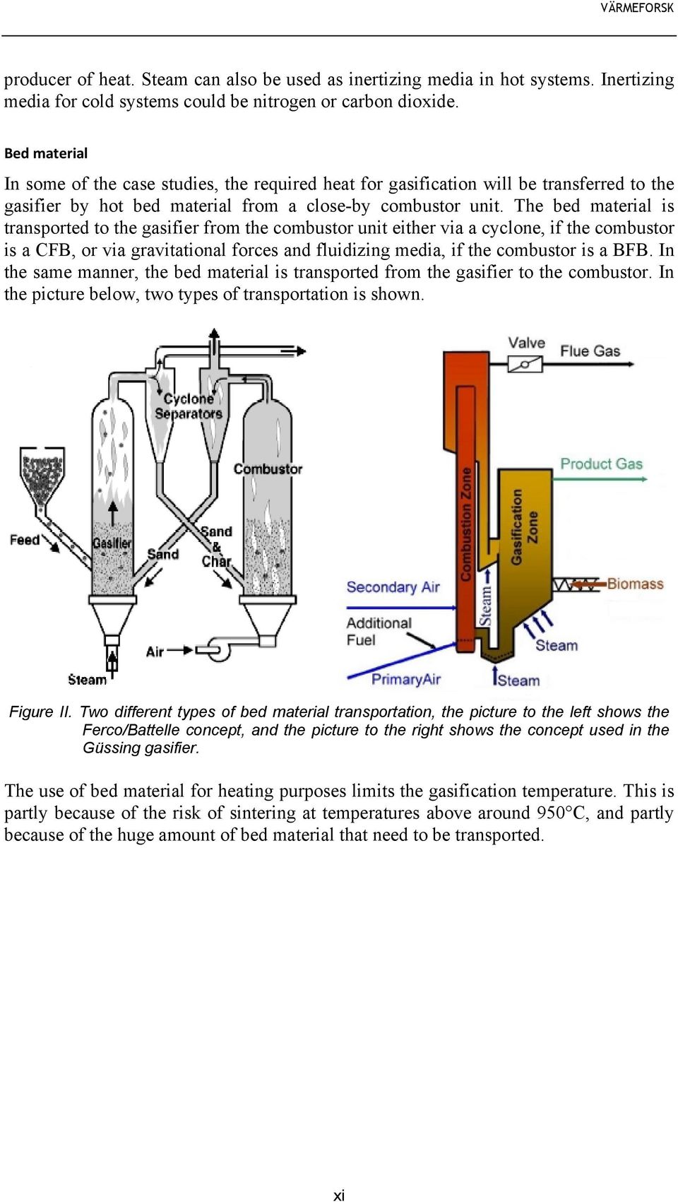 The bed material is transported to the gasifier from the combustor unit either via a cyclone, if the combustor is a CFB, or via gravitational forces and fluidizing media, if the combustor is a BFB.