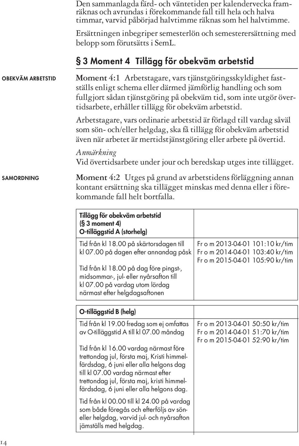 OBEKVÄM ARBETSTID SAMORDNING 3 Moment 4 Tillägg för obekväm arbetstid Moment 4:1 Arbetstagare, vars tjänstgöringsskyldighet fastställs enligt schema eller därmed jämförlig handling och som fullgjort