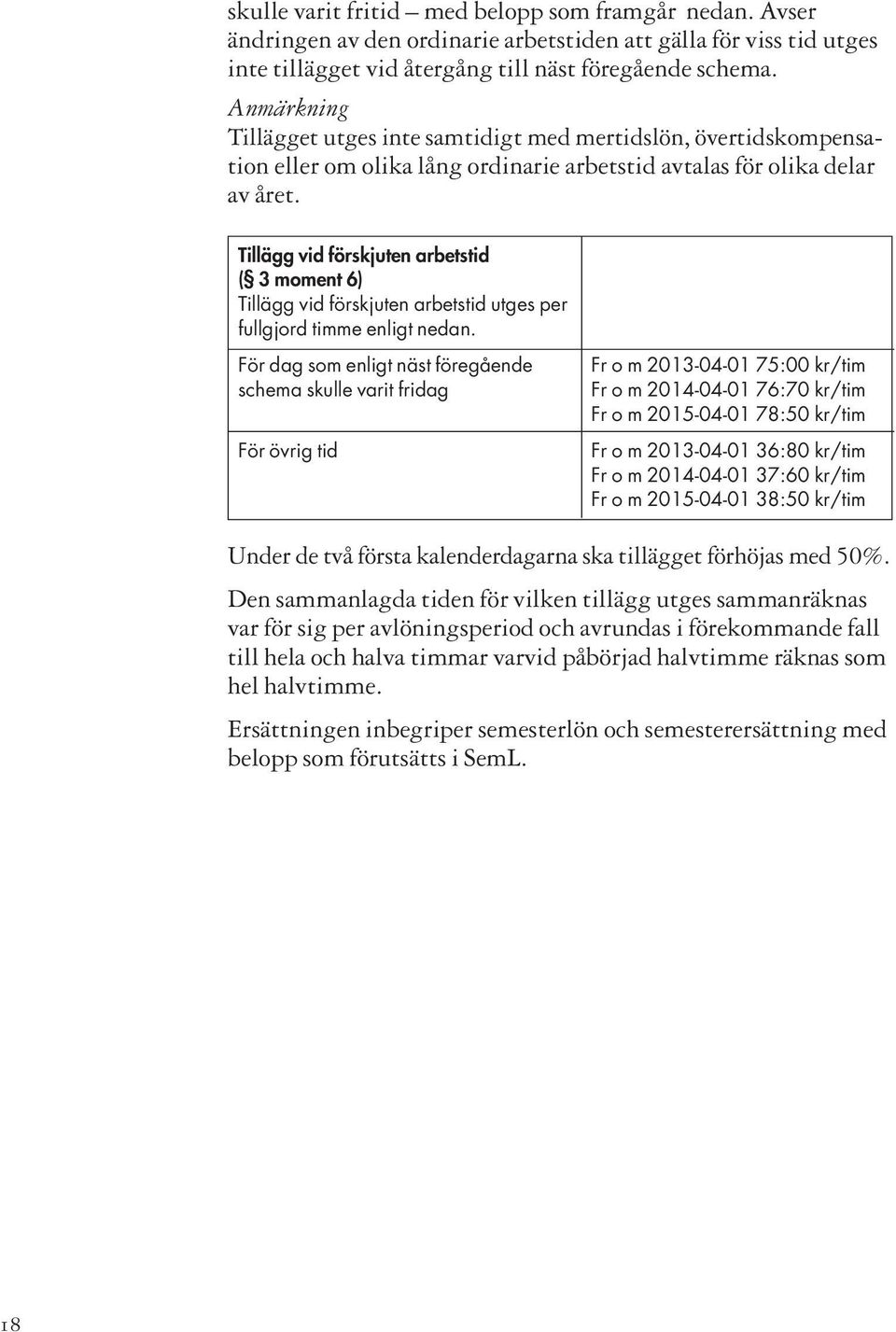 Tillägg vid förskjuten arbetstid ( 3 moment 6) Tillägg vid förskjuten arbetstid utges per fullgjord timme enligt nedan.