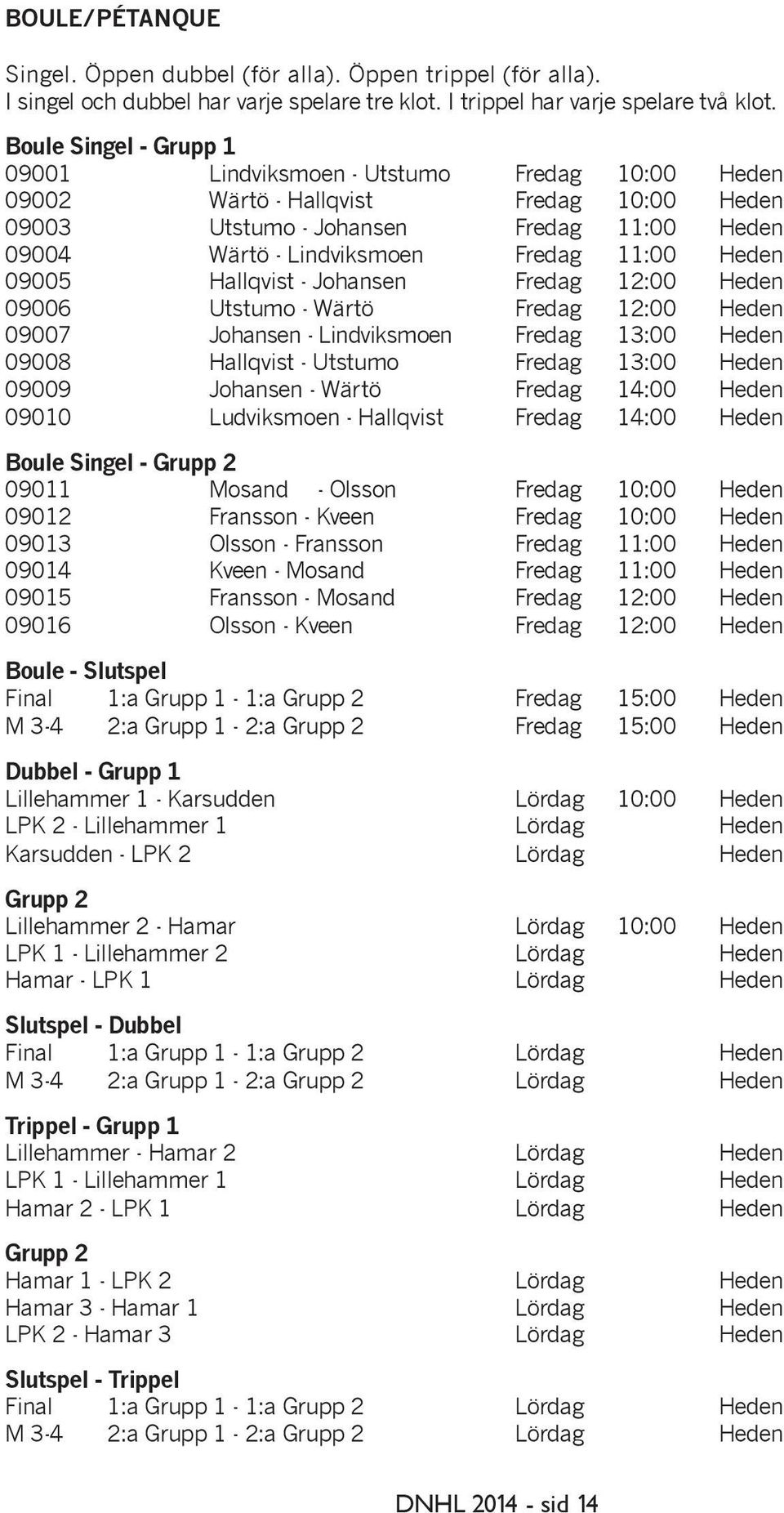 Heden 09005 Hallqvist - Johansen Fredag 12:00 Heden 09006 Utstumo - Wärtö Fredag 12:00 Heden 09007 Johansen - Lindviksmoen Fredag 13:00 Heden 09008 Hallqvist - Utstumo Fredag 13:00 Heden 09009