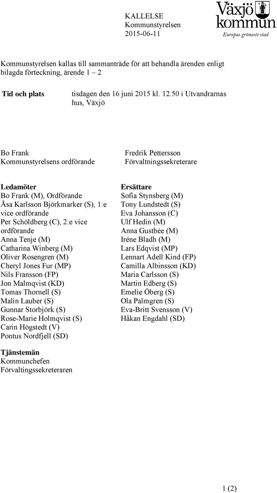 Schöldberg (C), 2:e vice ordförande Anna Tenje (M) Catharina Winberg (M) Oliver Rosengren (M) Cheryl Jones Fur (MP) Nils Fransson (FP) Jon Malmqvist (KD) Tomas Thornell (S) Malin Lauber (S) Gunnar