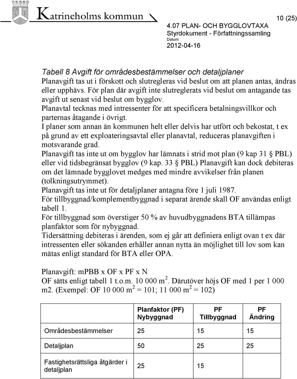 Planavtal tecknas med intressenter för att specificera betalningsvillkor och parternas åtagande i övrigt.