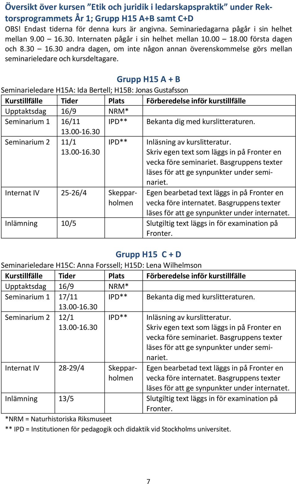 30 andra dagen, om inte någon annan överenskommelse görs mellan seminarieledare och kursdeltagare.