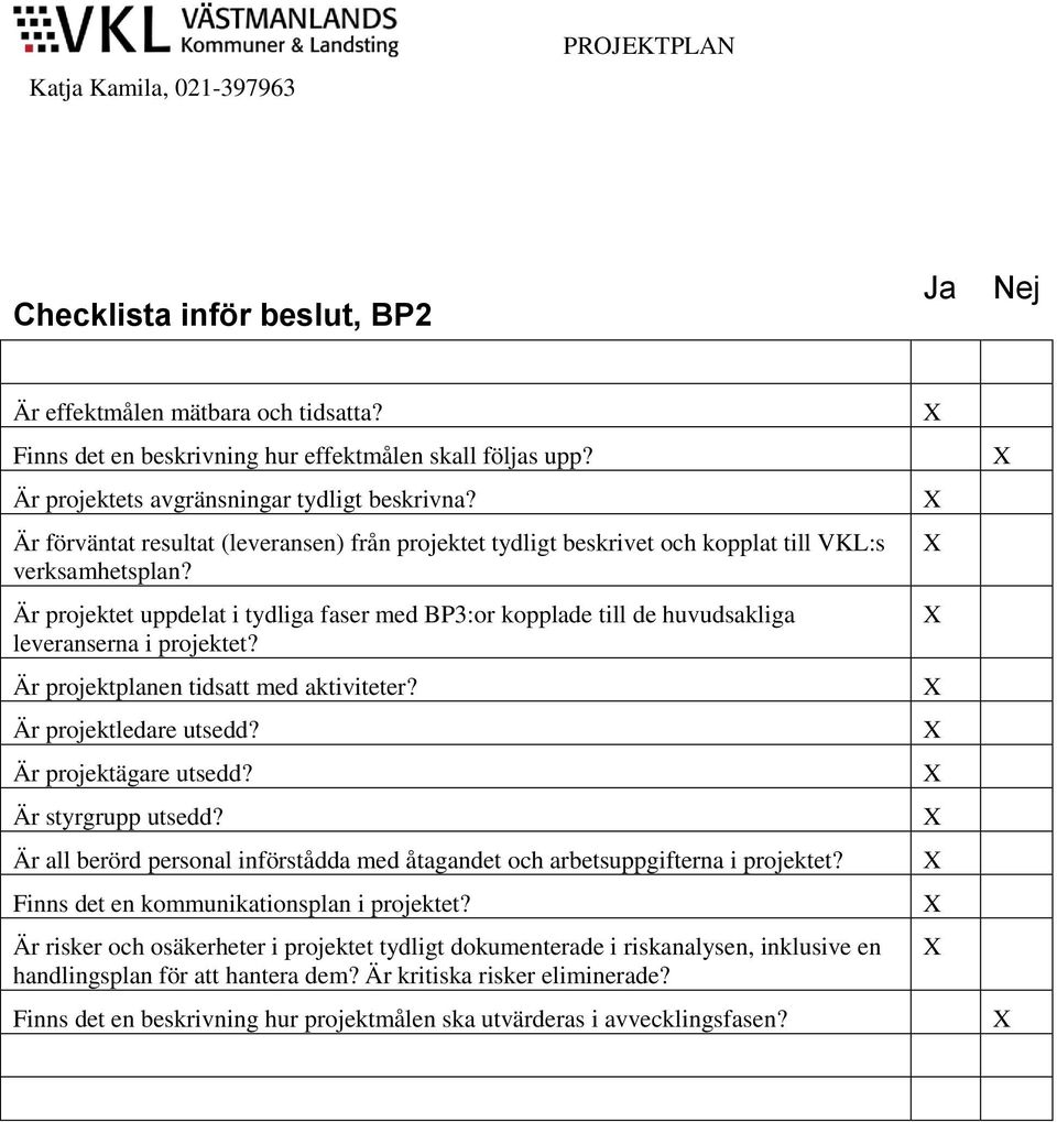 Är projektet uppdelat i tydliga faser med BP3:or kopplade till de huvudsakliga leveranserna i projektet? Är projektplanen tidsatt med aktiviteter? Är projektledare utsedd? Är projektägare utsedd?