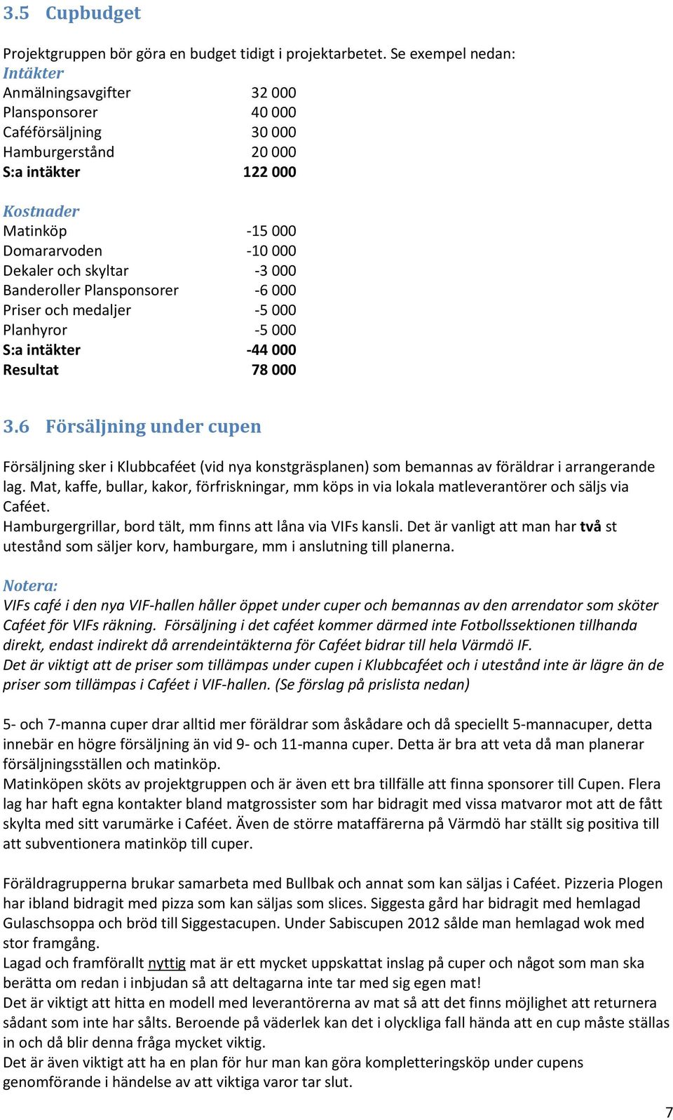 skyltar -3 000 Banderoller Plansponsorer -6 000 Priser och medaljer -5 000 Planhyror -5 000 S:a intäkter -44 000 Resultat 78 000 3.