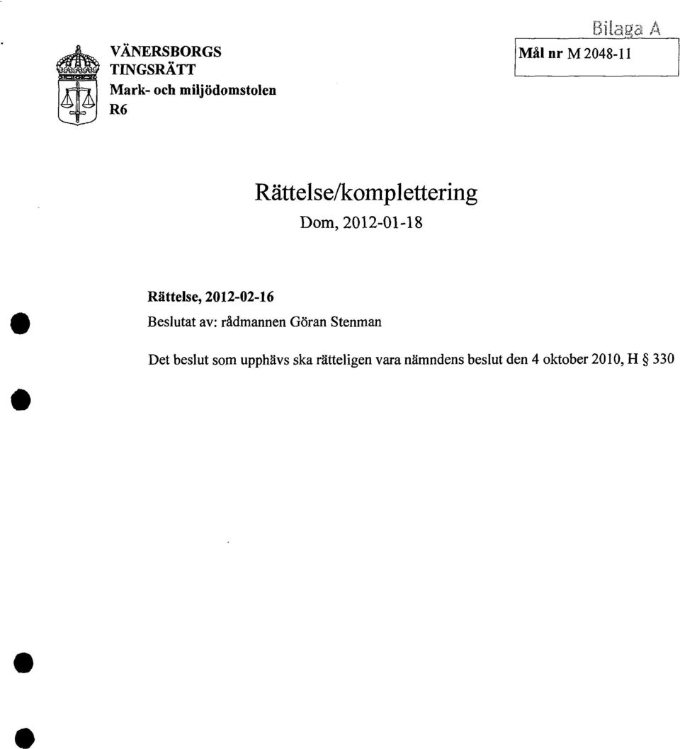 2012-02-16 Beslutat av: rådmannen Göran Stenman Det beslut som