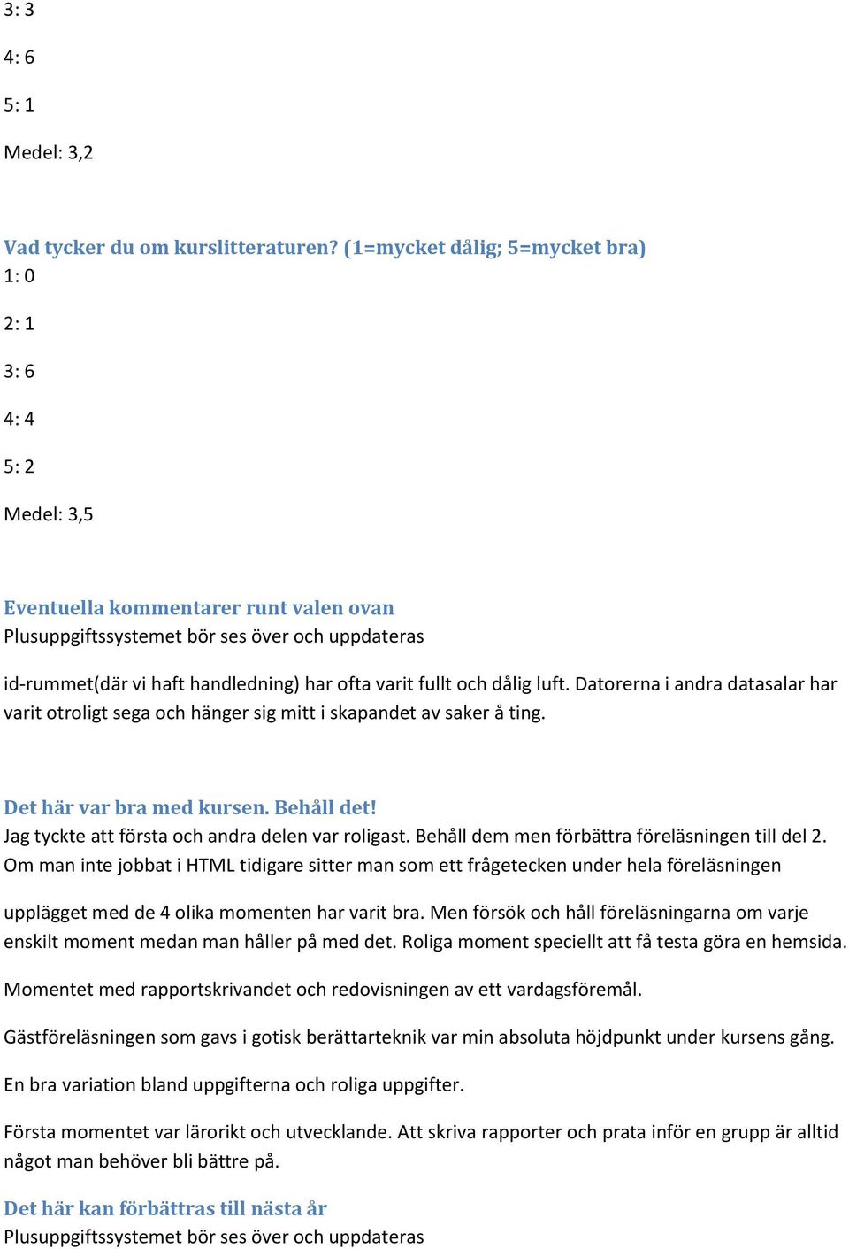 fullt och dålig luft. Datorerna i andra datasalar har varit otroligt sega och hänger sig mitt i skapandet av saker å ting. Det här var bra med kursen. Behåll det!