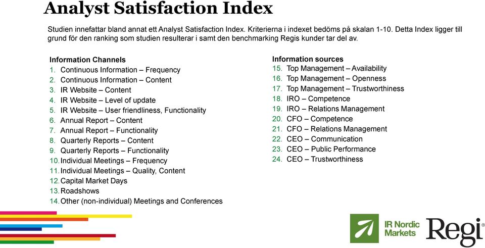 Continuous Information Content 3. IR Website Content 4. IR Website Level of update 5. IR Website User friendliness, Functionality 6. Annual Report Content 7. Annual Report Functionality 8.