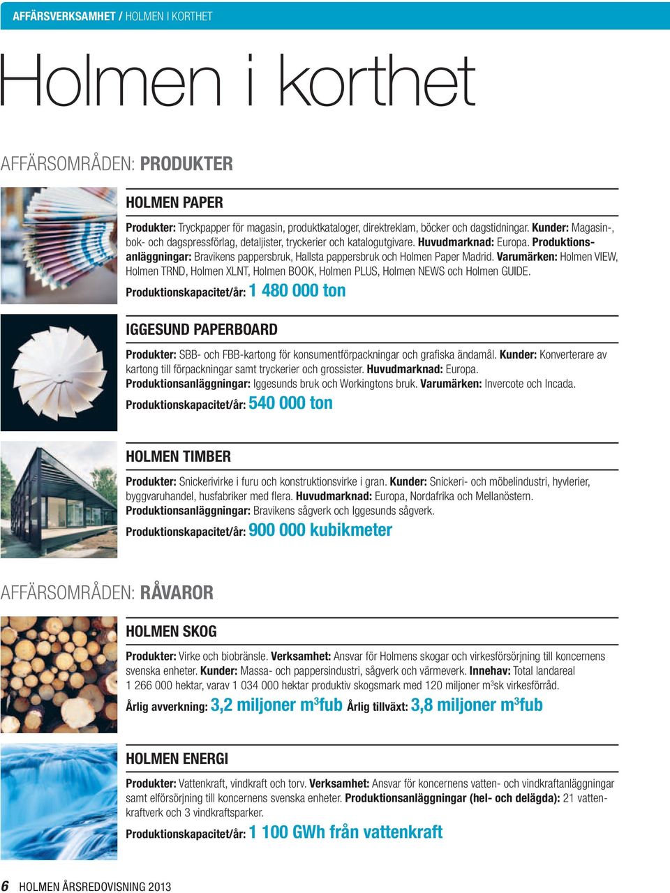 Produktionsanläggningar: Bravikens pappersbruk, Hallsta pappersbruk och Holmen Paper Madrid. Varumärken: Holmen VIEW, Holmen TRND, Holmen XLNT, Holmen BOOK, Holmen PLUS, Holmen NEWS och Holmen GUIDE.