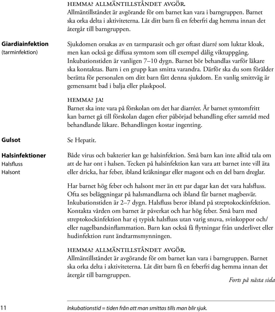 Giardiainfektion (tarminfektion) Gulsot Halsinfektioner Halsfluss Halsont Sjukdomen orsakas av en tarmparasit och ger oftast diarré som luktar kloak, men kan också ge diffusa symtom som till exempel