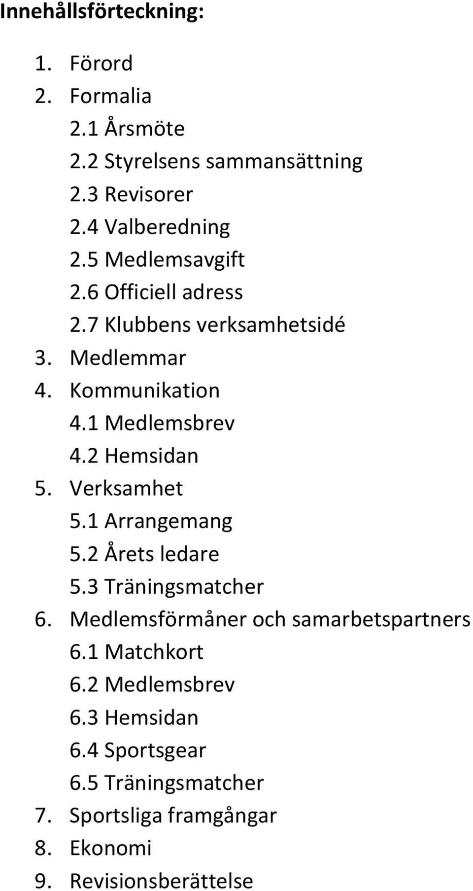 2 Hemsidan 5. Verksamhet 5.1 Arrangemang 5.2 Årets ledare 5.3 Träningsmatcher 6. Medlemsförmåner och samarbetspartners 6.