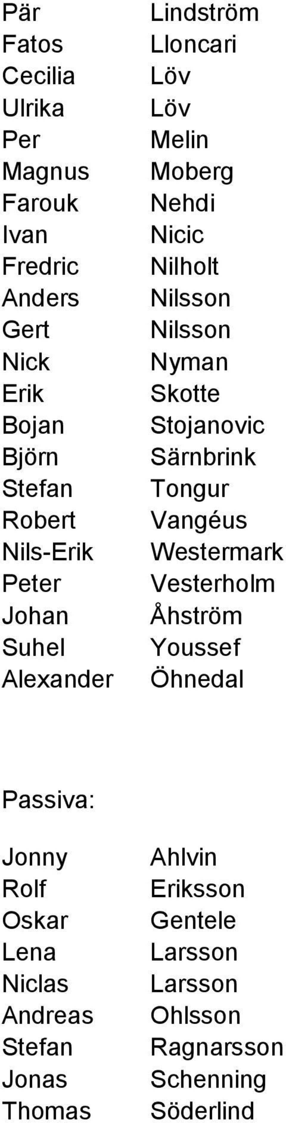 Vangéus Nils-Erik Westermark Peter Vesterholm Johan Åhström Suhel Youssef Alexander Öhnedal Passiva: Jonny Ahlvin