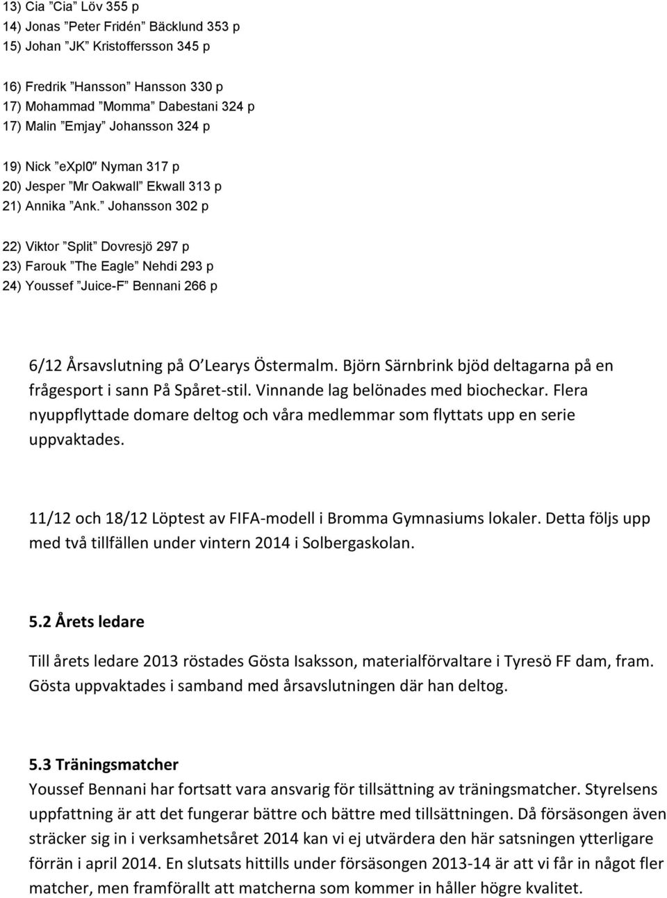 Johansson 302 p 22) Viktor Split Dovresjö 297 p 23) Farouk The Eagle Nehdi 293 p 24) Youssef Juice-F Bennani 266 p 6/12 Årsavslutning på O Learys Östermalm.