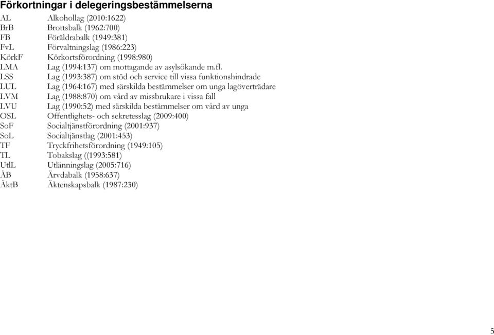 LSS Lag (199:87) om stöd och service till vissa funktionshindrade LUL Lag (1964:167) med särskilda bestämmelser om unga lagöverträdare LVM Lag (1988:870) om vård av missbrukare i