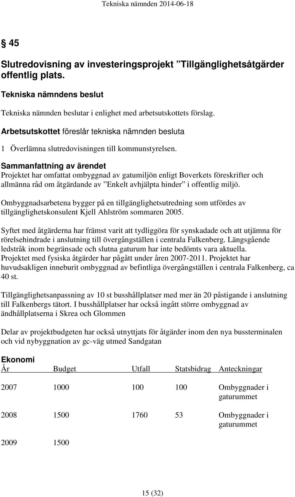 Sammanfattning av ärendet Projektet har omfattat ombyggnad av gatumiljön enligt Boverkets föreskrifter och allmänna råd om åtgärdande av Enkelt avhjälpta hinder i offentlig miljö.