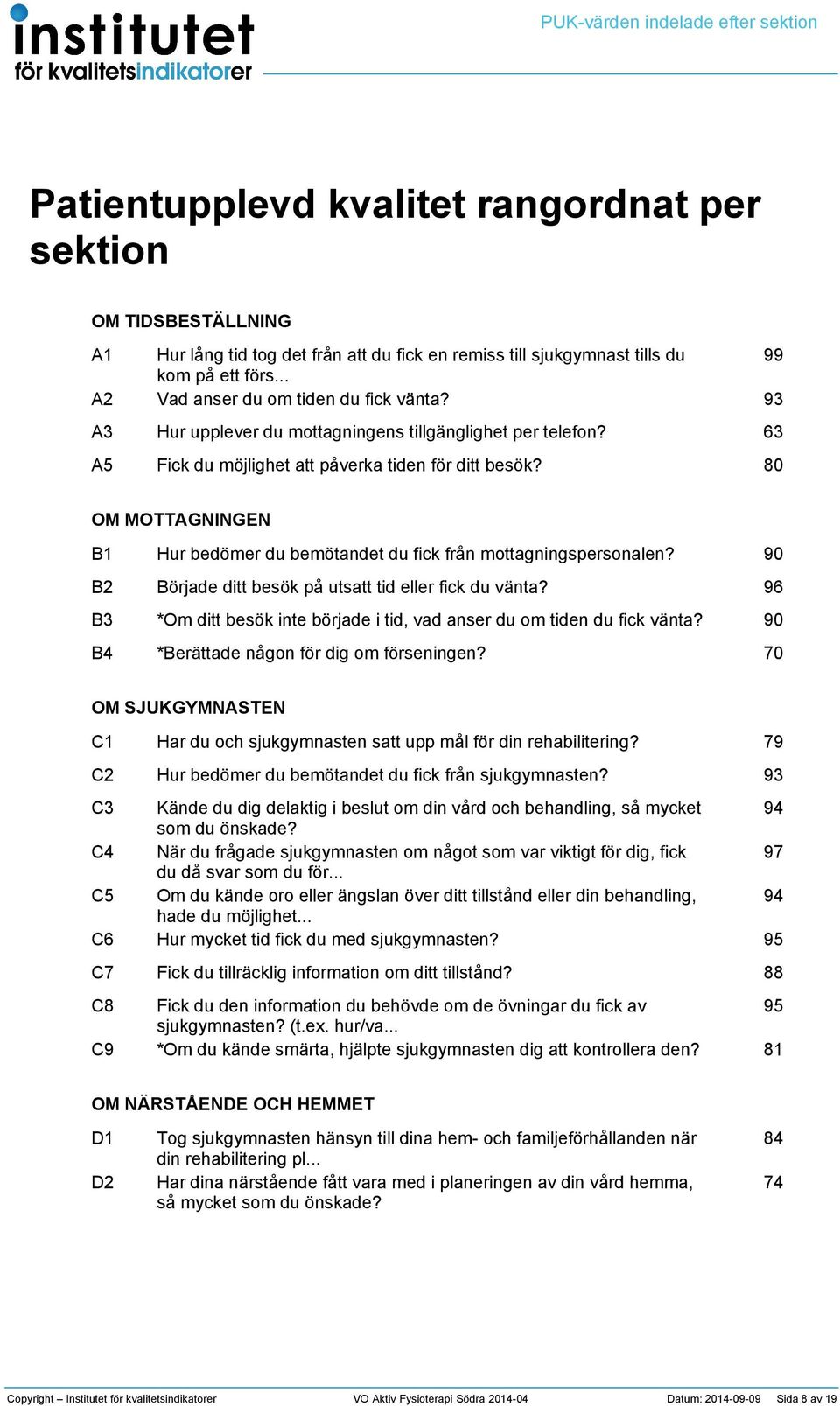 8 OM MOTTAGIGE B B B B Hur bedömer du bemötandet du fick från mottagningspersonalen? 9 Började ditt besök på utsatt tid eller fick du vänta?